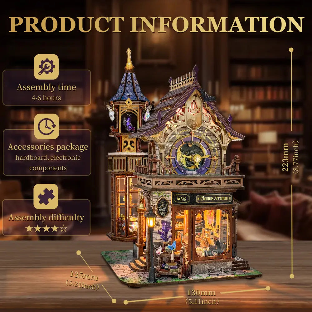 Torre do Relógio Mágico — Kit Book Nook 3D com LED e Caixa de Música