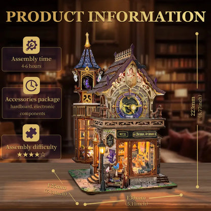 Torre do Relógio Mágico — Kit Book Nook 3D com LED e Caixa de Música